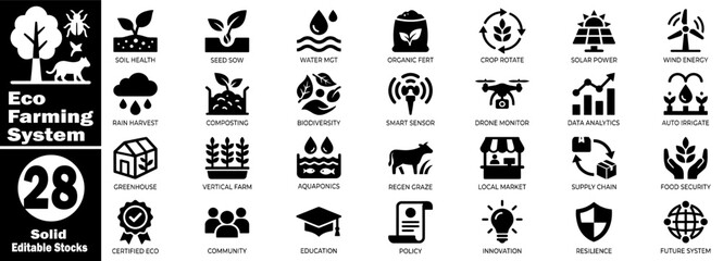 Obraz premium Eco farming system icons with diverse agricultural concepts and technologies.