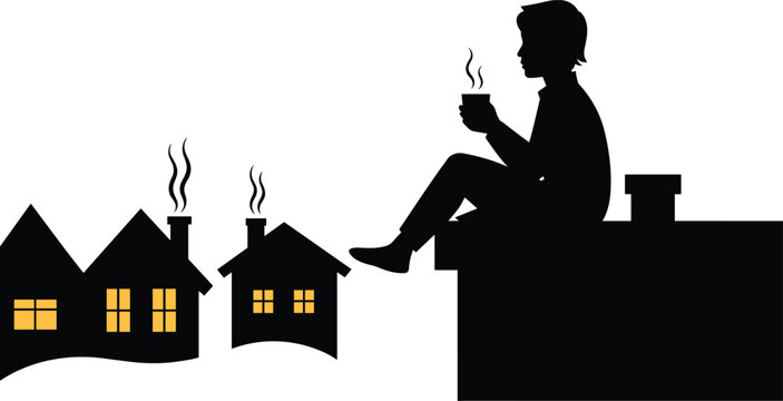 Silhouette of Person on Rooftop Overlooking Snowy Village untitled vector