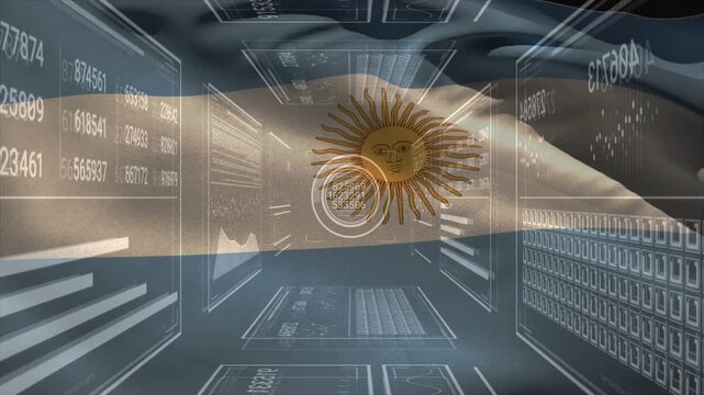 UI fading in, flag rippling, HUD sliding, readouts scrolling, target scanning sun emblem for data