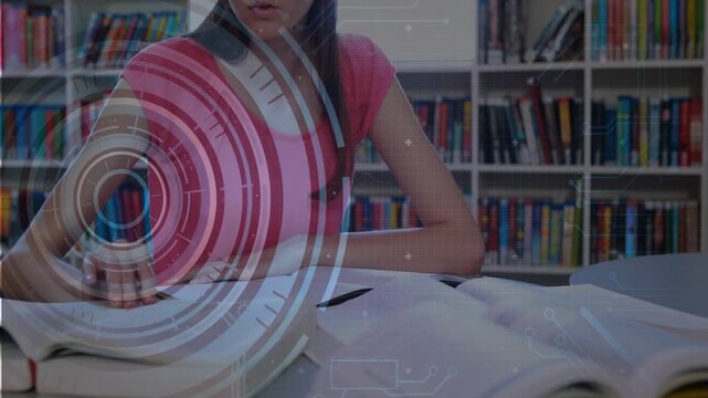 HUD overlay appearing triggers student leaning over textbook, turning pages, marking notes to study