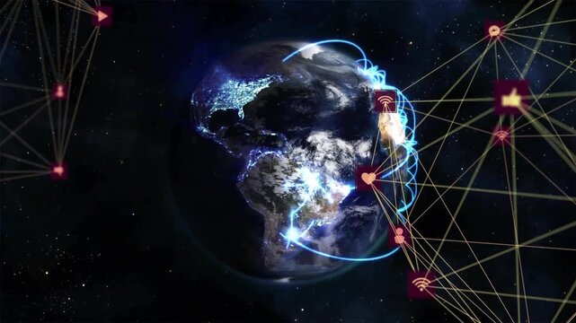 Right-side nodes appearing, Earth emitting blue arcs linking cities to icons, showing connections