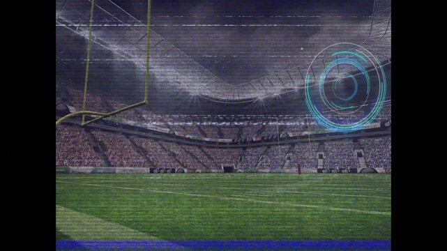 Stadium shot showing turf and goalpost, HUD appearing over shot, glitches sweeping broadcast feed