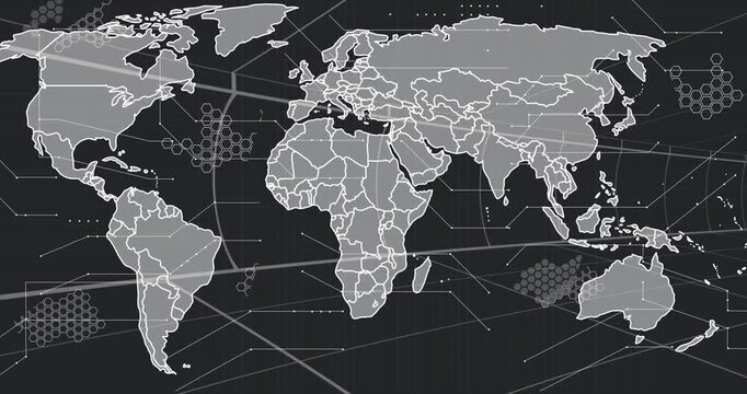 Map outline appearing on dark grid, continents filling, borders forming, hexes rising for mapping