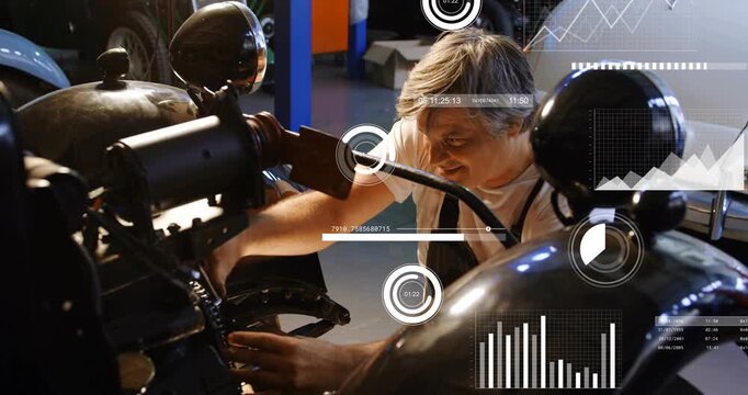 Tech leaning into bike in garage, inspecting engine and activating HUD for diagnostic check