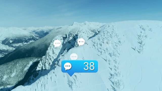 Blue bubble appearing over snow ridge, causing count rising as white dots drifting for tech growth