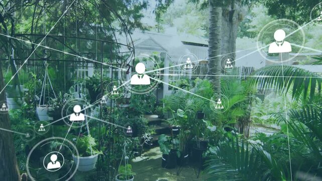 Translucent UI appearing over garden, centered avatar glowing and linking nodes, showing org web