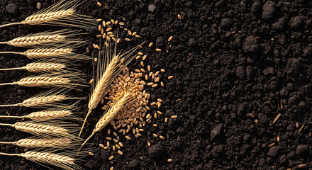 Natural wheat on soil for agriculture, farming, and bakery businesses 