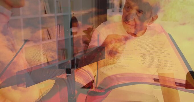 Woman entering frame offering pill to senior man for meds, overlaying book, cross, clouds on people