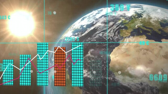 Earth rotating right as large cyan readouts appearing and tiled bars growing leftward showing data