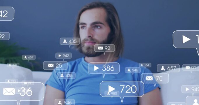 Man checking phone on couch, single alert appearing and causing growing social counts, looking away