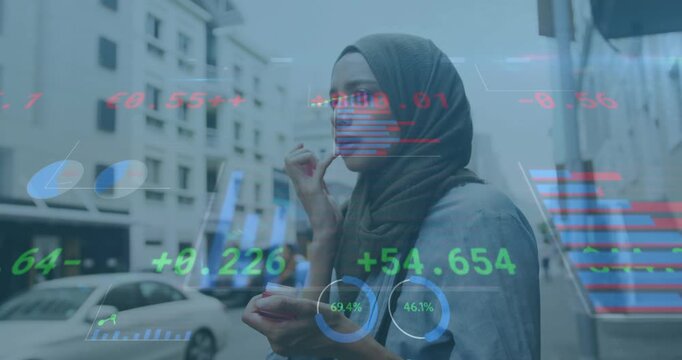 Woman wearing hijab pausing, opening cup and eating snack while finance graphs updating over her