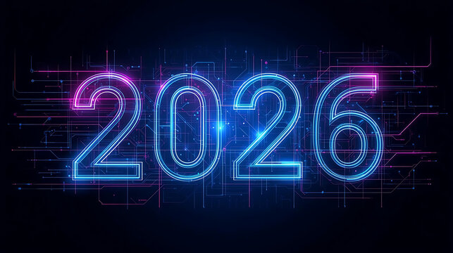 Futuristic neon 2026 countdown with glowing digital wireframe numbers on dark tech background