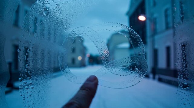 Touching single bare fingertip tracing spiral on fogged window, clearing view of snowy streetlamp