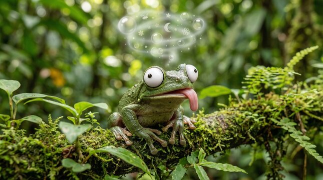 A humorous green frog with googly eyes and tongue out, looking dizzy with swirls above its head, sitting on a mossy branch in a lush jungle.