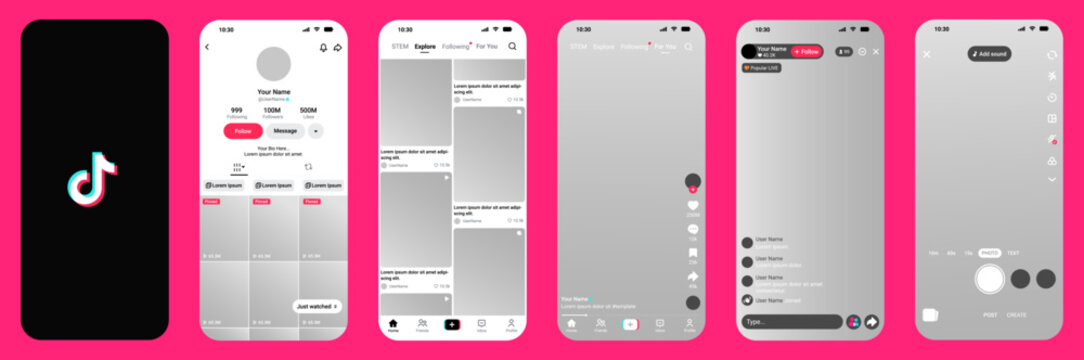 TikTok mobile app UI UX interface mockup template smartphone screen. Social media feed, profile, like, comment, share, notification button design layout kit