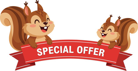 Fototapeta premium Two cheerful cartoon squirrels holding a red banner with a special offer for a business promotion or sale.