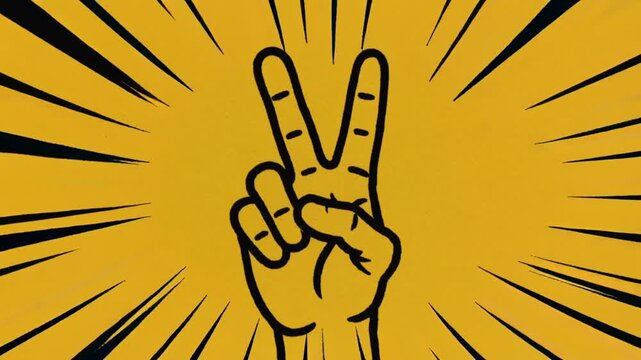 Pulsing black-outline hand forming V sign against mustard field on animation start, burst expanding