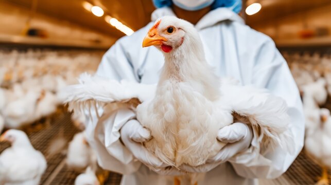 A poultry farm worker holding a healthy white broiler chicken.