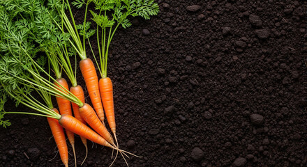Fresh carrots on dark soil for gardening enthusiasts, perfect for marketing and agricultural content