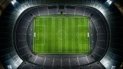 Perfectly centered aerial top-down view of a brightly lit, empty soccer stadium with striped green field. © kashurin