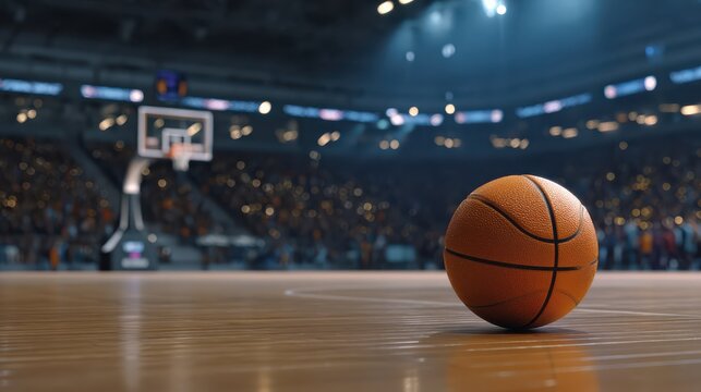 A basketball rests on a wooden court with a hoop and a crowd blurred in the background under bright arena lights.