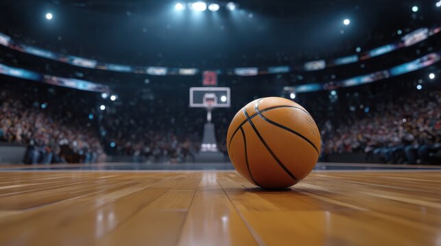 A basketball rests on a polished court with a hoop and a packed stadium blurred in the background under bright lights.