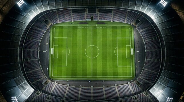 Perfectly centered aerial top-down view of a brightly lit, empty soccer stadium with striped green field.