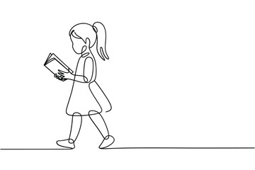 Fototapeta premium Continuous line drawing of a young girl engrossed in reading a book