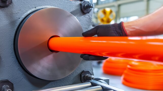 Factory worker operating a plastic extrusion machine producing continuous plastic piping.