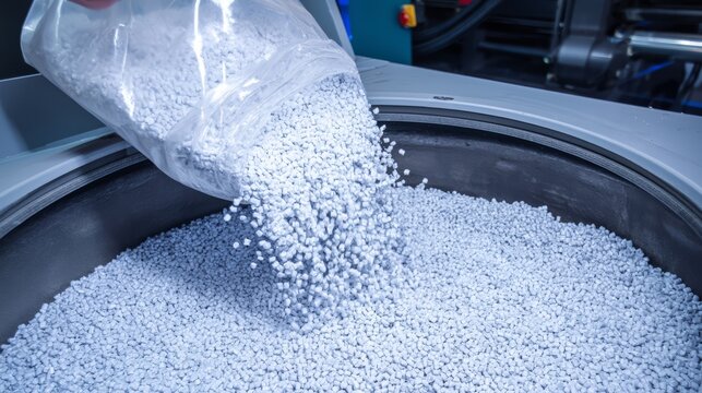 Plastic resin pellets being poured from a clear industrial bag into a large industrial mixing hopper machine.