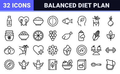Naklejka premium Nutrition and diet icon set in minimalist black line art style