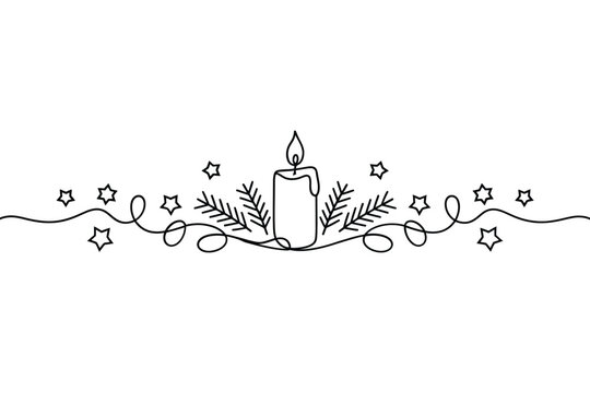 Minimalist line drawing of a candle with decorative stars and foliage