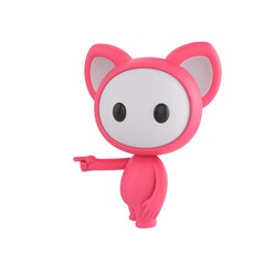 Fototapeta premium Cute 3D render Pink Monster character pointing to the side while facing the camera, one hand relaxed at the side, friendly and confident mascot style, isolated on white background.