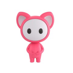 Fototapeta premium Cute 3D render Pink Monster character standing politely with both hands gently placed on the stomach, calm and respectful posture, friendly mascot style, isolated on white background.