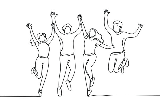 Joyful group of people jumping and celebrating with raised arms