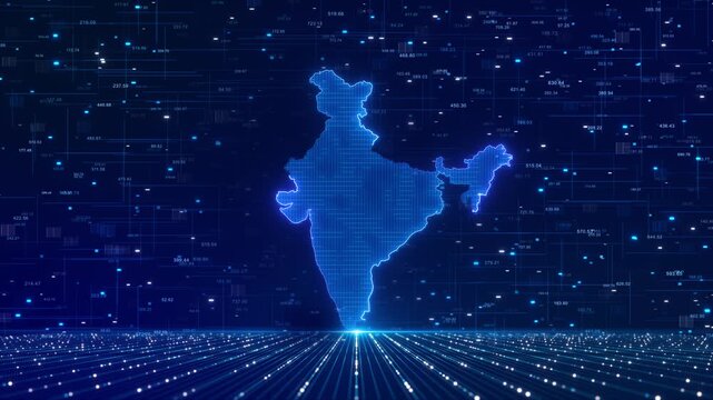 3D animation of the India map featuring glowing blue lines, network nodes, digital data particles. for telecommunications, global connectivity, technological infrastructure development in Bharat.
