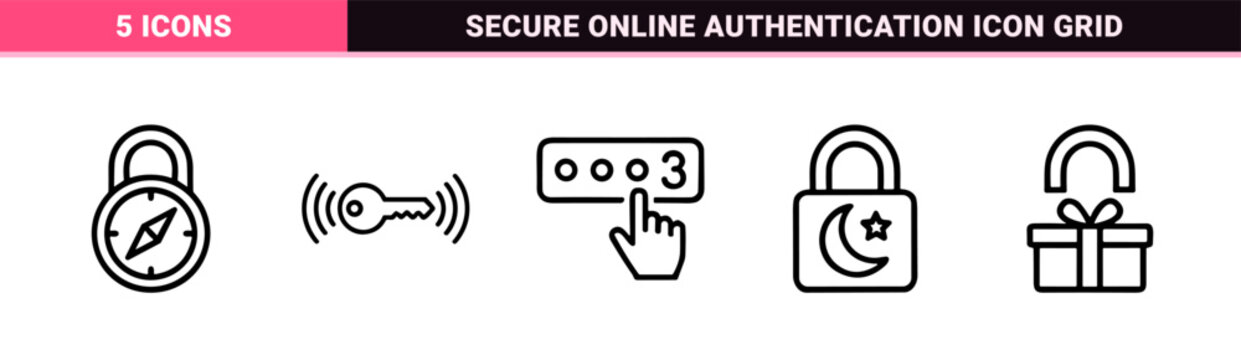 Minimalist outline security and lock icon set for digital safety