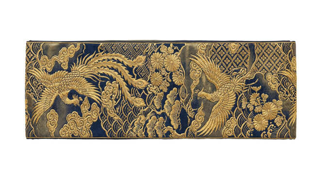 Golden phoenix and cloud pattern on navy blue silk obi