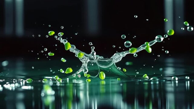 Slow motion of water splash with green pieces 4K