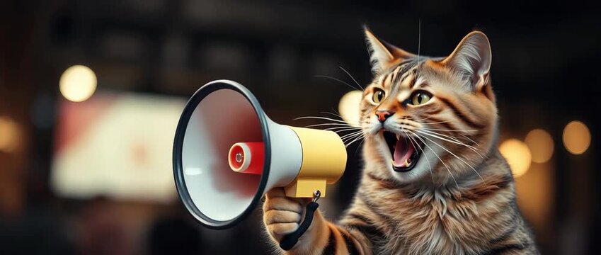 Cat shouting through megaphone grabbing attention humorous concept 4K