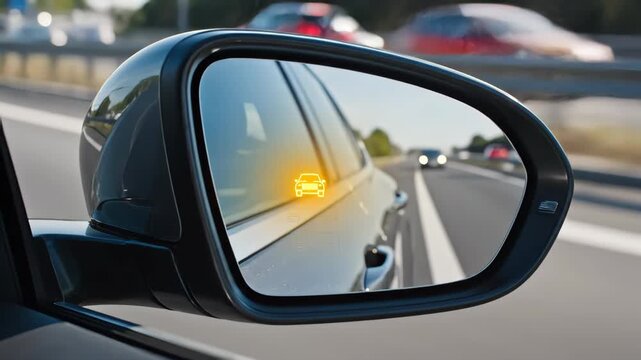 Close-up of a car side mirror while driving on a highway. Blind spot detection warning light turning on to alert the driver. Automotive safety technology and advanced driver assistance concept