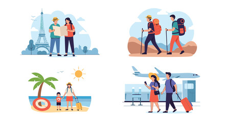 Fototapeta premium Four scenes of people enjoying different travel activities including hiking visiting Paris beach vacation and flying.
