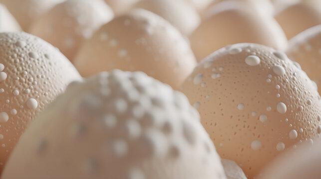 Close-up of fresh chicken eggs, realistic eggshell texture with fine pores, natural beige and white tones.