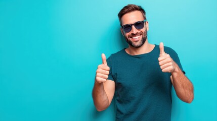 Fototapeta premium Smiling man wearing sunglasses giving thumbs up gestures against bright solid blue background, casual dark teal t-shirt, cheerful mood, lifestyle concept, summer vibe, positive attitude, happiness.