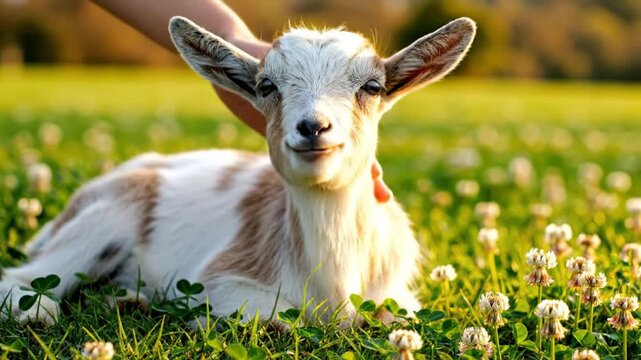 Cute baby goat enjoying a gentle petting in a sunny field of flowers and clover, feeling content