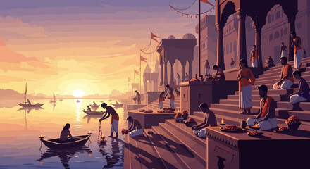 Naklejka premium People performing daily rituals on ancient river ghats at dawn