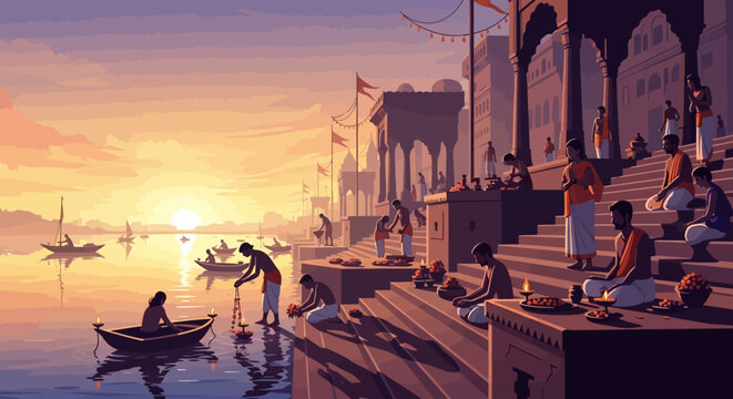 People performing daily rituals on ancient river ghats at dawn
