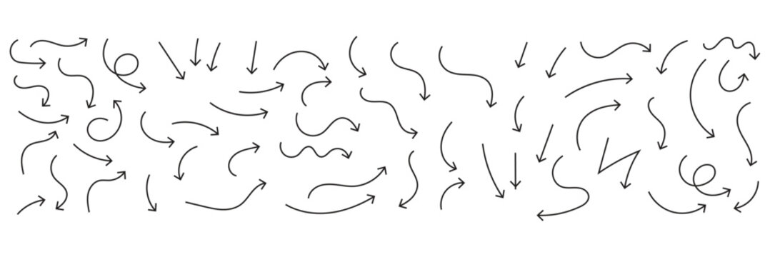 Squiggly arrows doodle set. Curve and Spiral comic symbols in sketch style. Hand drawn vector illustration isolated on white background