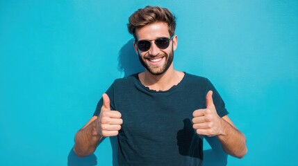 Naklejka premium Smiling man wearing sunglasses giving thumbs up gestures against bright solid blue background, casual dark teal t-shirt, cheerful mood, lifestyle concept, summer vibe, positive attitude, happiness.