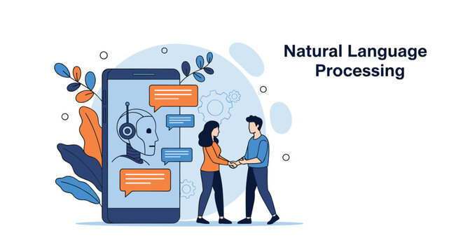 Two people shaking hands in front of a giant smartphone displaying a chatbot representing natural language processing.